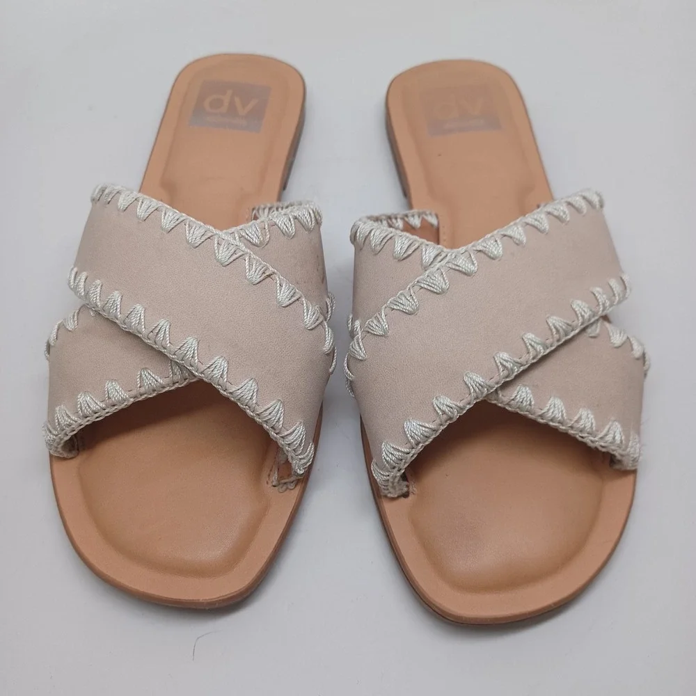 DV‎ Dolce Vita Juneau Nude Beige Whipstitch Crisscross Slide Sandals Womens 7.5